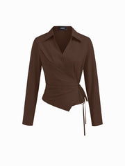 100% Cotton Collar V-neck Long Sleeve Wrap Tie Side Shirt