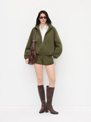 Cotton-blend Stand Collar Zip Through Drawstring Sweatshirt & Mid Rise Shorts Set