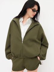 Cotton-blend Stand Collar Zip Through Drawstring Sweatshirt & Mid Rise Shorts Set
