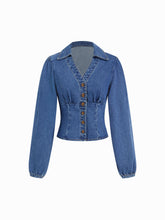Denim V-neck Cinched Waist Tie Back Blouse