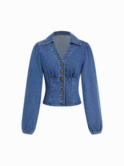 Denim V-neck Cinched Waist Tie Back Blouse