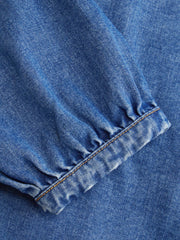 Denim V-neck Cinched Waist Tie Back Blouse