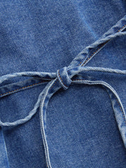 Denim V-neck Cinched Waist Tie Back Blouse