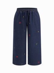 Denim Mid Rise Sea Animal Embroidery Elastic Waist Wide Leg Jeans Curve & Plus