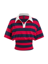 Cotton-blend Stripe Collar Short Sleeve Cinched Waist Tee
