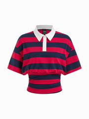 Cotton-blend Stripe Collar Short Sleeve Cinched Waist Tee