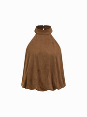 Suede Halter Neckline Knotted Bubble Hem Blouse