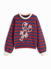 Knit Stripe Lobster Graphic Long Sleeve Contrasting Binding Oversized Sweater