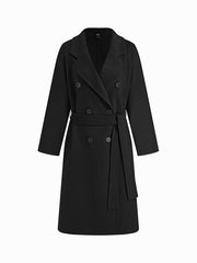 Double-Faced Wool-look Notched Collar Double Breasted Longline Coat With Belt