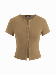 Round Neckline Solid Button Short Sleeve Top