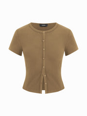 Round Neckline Solid Button Short Sleeve Top