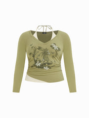 Cotton-blend V-neck Graphic Ruched Long Sleeve Tee Curve & Plus