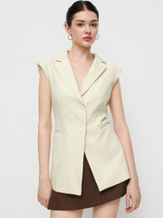Notch Collar Button Split Belted Blazer Vest