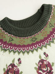 Knit Round Neckline Polka Dot & Floral Fair Isle Long Sleeve Top