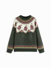 Knit Round Neckline Polka Dot & Floral Fair Isle Long Sleeve Top