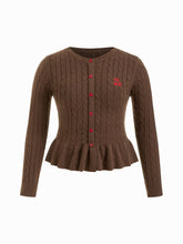 Cable Knit Cherry Embroidery Long Sleeve Ruffle Hem Top Curve & Plus