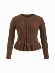 Cable Knit Cherry Embroidery Long Sleeve Ruffle Hem Top Curve & Plus