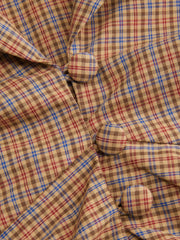 100% Cotton Plaid Collar Bell Sleeve Ruched Cinched Waist Blouse