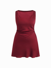 Satin Boat Neck Ruched Mini Dress Curve & Plus