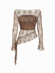 Lace Off-shoulder Long Sleeve See-through Lettuce Trim Top With Bandeau