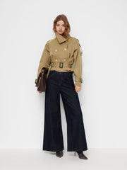 Funnel Collar Double Breasted Trench Coat With Belt