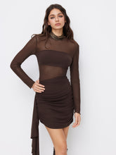 High Neck Ruched Ruffle Hem Mini Dress