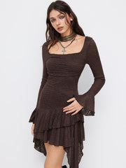 Lace Square Neck Knotted Ruched Asymmetrical Layered Ruffle Hem Mini Dress