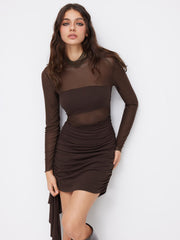 High Neck Ruched Ruffle Hem Mini Dress