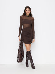 High Neck Ruched Ruffle Hem Mini Dress