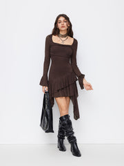 Lace Square Neck Knotted Ruched Asymmetrical Layered Ruffle Hem Mini Dress