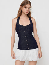 Stretch Denim Halter Neckline Two Tone Bubble Hem Mini Dress