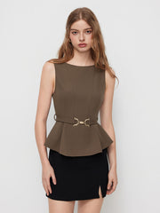 Boat Neck Pleated Tank Top With Belt