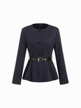 Round Neckline Metal Button Pleated Blazer With Belt
