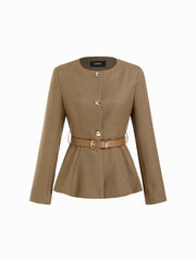 Round Neckline Metal Button Pleated Blazer With Belt