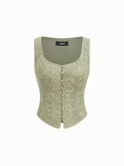 Jacquard U-neckline Floral Button Tank Top