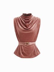 Velvet Stand Collar Metal Detail Belted Tank Top