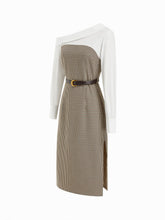 Cotton Fold Over Asymmetrical Neck Checks Patched Side Split Midi Dress With Belt