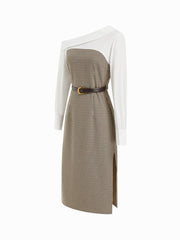 Cotton Fold Over Asymmetrical Neck Checks Patched Side Split Midi Dress With Belt