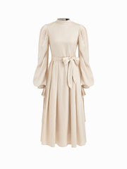 Satin Stand Collar Ruffle Maxi Dress With Belt