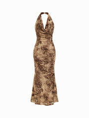 Mesh Cowl Neck Leopard Print Backless Mermaid Maxi Dress
