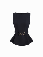 Boat Neck Pleated Tank Top With Belt