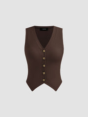 Cotton-blend V-neck Solid Button Vest & Mid Rise Knotted Pocket Straight Leg Trousers Set