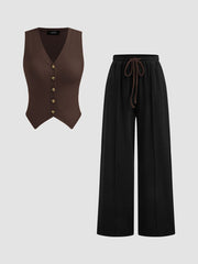 Cotton-blend V-neck Solid Button Vest & Mid Rise Knotted Pocket Straight Leg Trousers Set