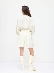 Stand Collar Lettuce Trim Ruffle Shirred Lantern Sleeve Mini Dress