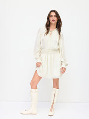 Stand Collar Lettuce Trim Ruffle Shirred Lantern Sleeve Mini Dress