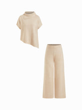 Knit High Neck Short Sleeve Asymmetrical Hem Top & Mid Rise Straight Leg Trousers Set