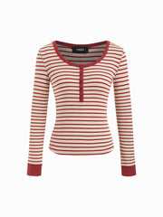 Cotton-blend Round Neckline Striped Contrasting Binding Long Sleeve Top