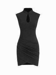 Mandarin Collar Wrap Ruched Cut Out Mini Dress