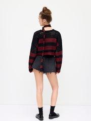 Knit Stripe Hollow Out Crop Top With Scarf