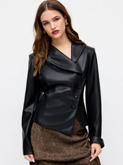 Faux Leather Collar Asymmetrical Button Jacket